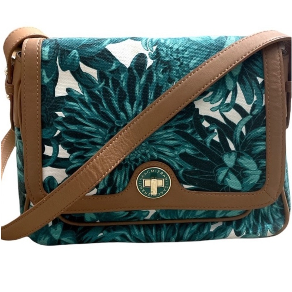 Isaac Mizrahi teal floral print crossbody, with Carmel trim - Picture 2 of 15